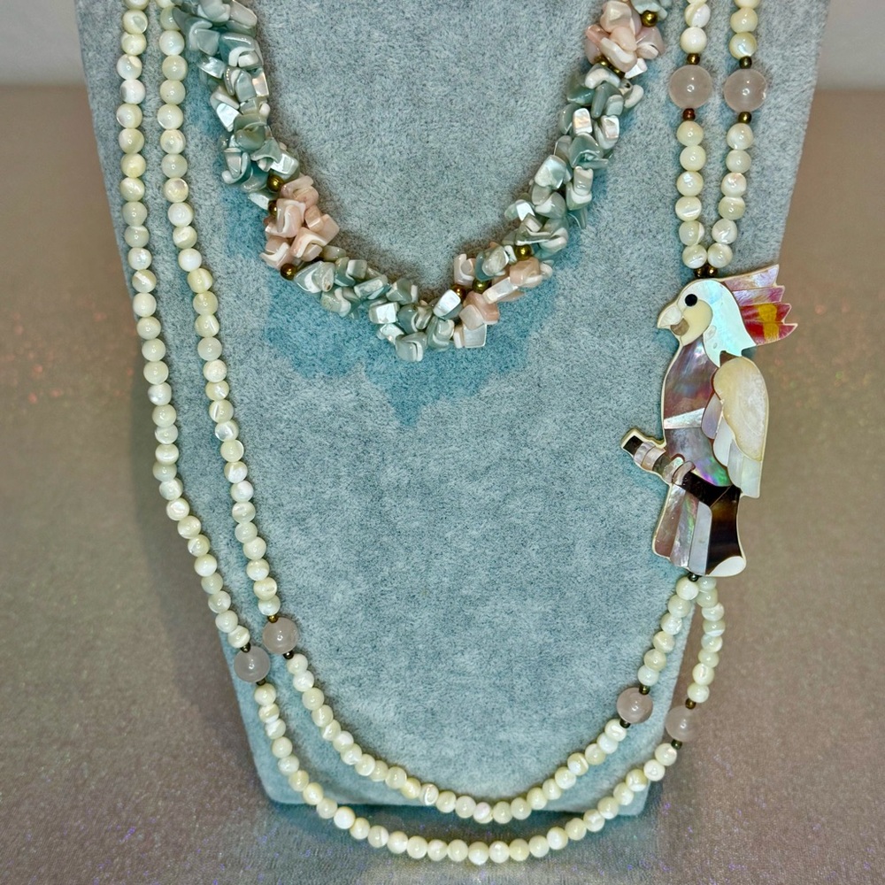 Vintage Cockatiel Mother Of Pearl & Rose Quartz Beaded Necklace 26” & Choker - Picture 5 of 7